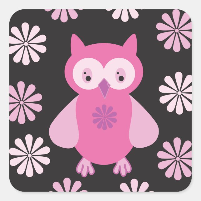 Cute pink owl square sticker (Front)