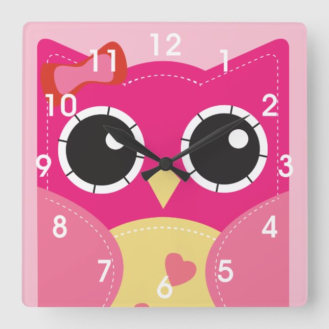 Cute Pink Owl Square Wall Clock (Front)