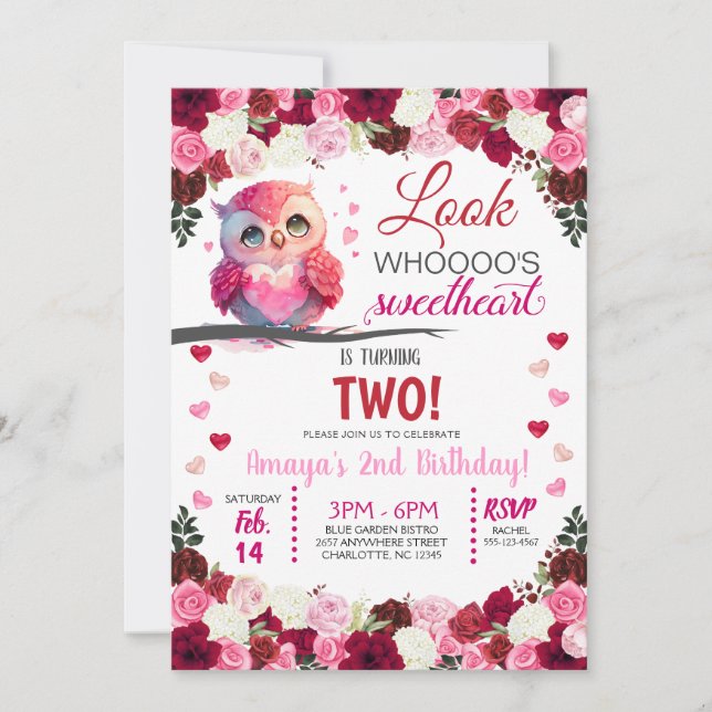 Cute Pink Owl Sweetheart Valentine's Birthday Invitation (Front)