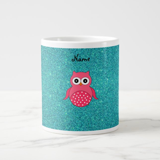 Cute pink owl turquoise glitter large coffee mug (Front)