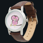 Cute Pink Owl Watch<br><div class="desc">Stylish custom watch features a sweet vector illustration of an owl perched on a tree branch on a polka dots pattern background.  Babystar Design at mygrafico.com</div>