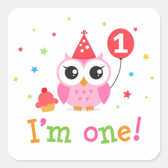 Cute, pink owl with balloon and cupcake I am one Square Sticker (Front)