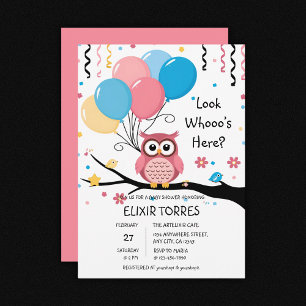 Cute Pink Owl with Balloons & Confetti Baby Shower Invitation
