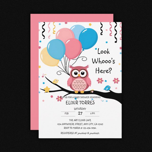 Cute Pink Owl with Balloons & Confetti Baby Shower Invitation (Creator Uploaded)