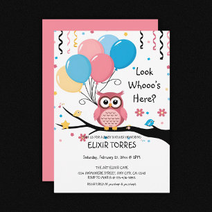 Cute Pink Owl with Balloons & Confetti Baby Shower Invitation