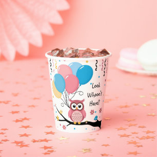 Cute Pink Owl with Balloons & Confetti Baby Shower Paper Cups