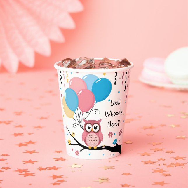 Cute Pink Owl with Balloons & Confetti Baby Shower Paper Cups (Insitu)