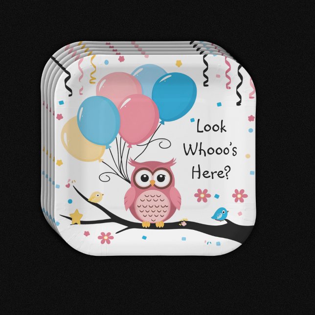 Cute Pink Owl with Balloons & Confetti Baby Shower Paper Plate (Creator Uploaded)