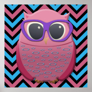 Cute Pink Owl with Glasses on Chevron Poster