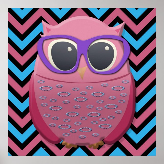 Cute Pink Owl with Glasses on Chevron Poster (Front)