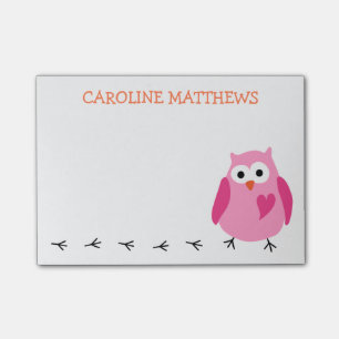 Cute pink owl with heart girls personalised name post-it notes