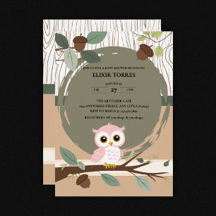 Cute Pink Owl Woodland Forest Baby Shower Invitation