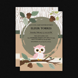 Cute Pink Owl Woodland Forest Baby Shower Invitation