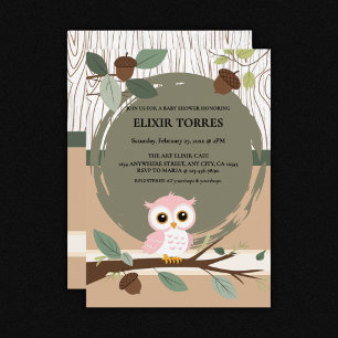Cute Pink Owl Woodland Forest Baby Shower Invitation