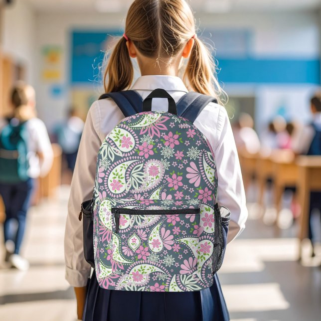 Cute Pink Paisley Pattern School Printed Backpack (Pink paisley pattern cute background.)