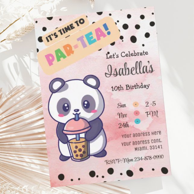 Cute Pink Panda Boba Tea Birthday Invitation (Creator Uploaded)