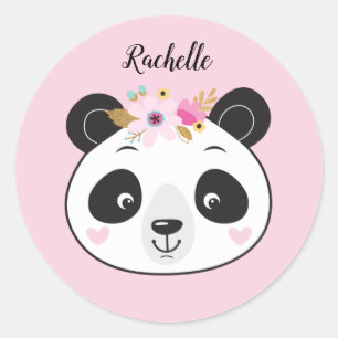 Cute Pink Panda Face Girly Personalised Classic Round Sticker