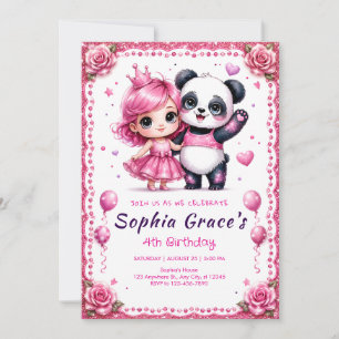 Cute Pink Panda Girl Birthday Invitation