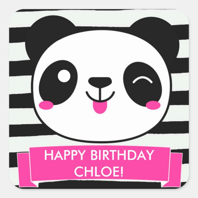 Cute Pink Panda Girls Happy Birthday Stickers (Front)