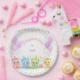 Cute Pink Pastel Baby Bears Birthday Paper Plate