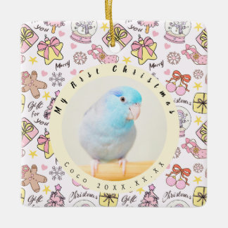 Cute Pink Pastel Christmas Pattern Photo Custom Ceramic Ornament