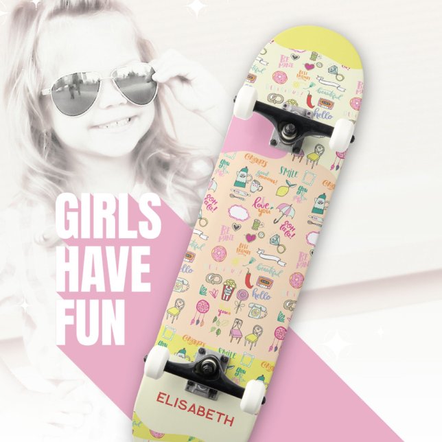 Cute Pink Pastel Doodle Pattern Girls Name Fun Skateboard (Cute Pastel Doodle Pattern Girls Name Fun Skateboard ©Susanne Sachers - Sunny Wanderlust 🌞✈️)