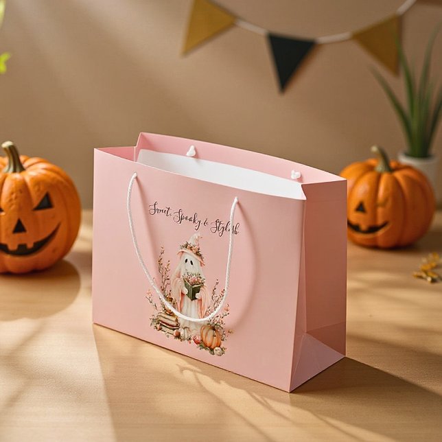 Cute Pink Pastel Ghost & Pumpkin Halloween Large Gift Bag (Creator Uploaded)