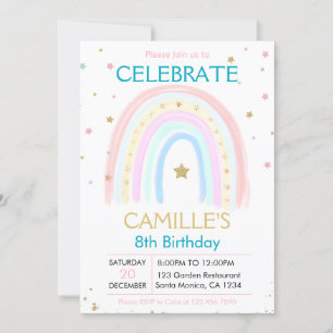 Cute Pink Pastel Gold Rainbow birthday Invitation