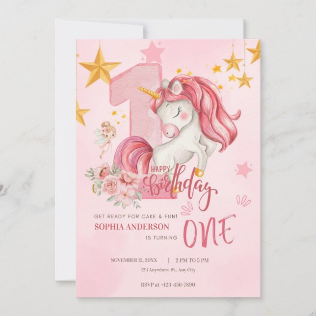 Cute Pink Pastel Unicorn 1st Birthday Invitation (Front)