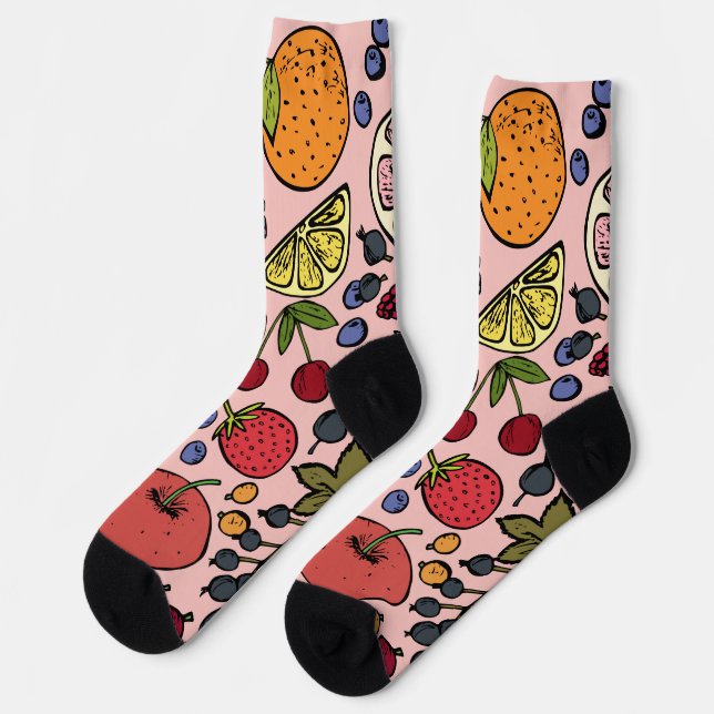 Cute pink pattern of fruits l Orange l Strawberry Socks (Left)