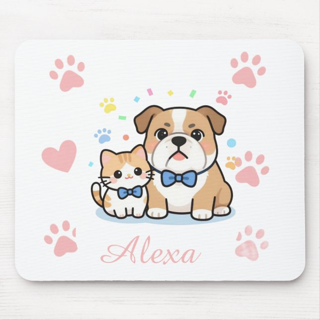 Cute Pink Paw Cat Dog Personalised Name  Mouse Pad (Front)