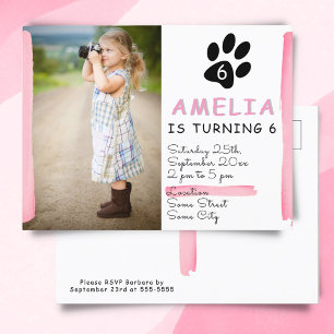 Cute Pink Paw Photo Birthday Party Invitation Postcard