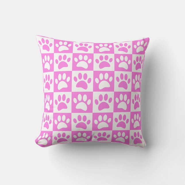 Cute Pink Paw Print And Chequerboard Pattern Cushion (Front)