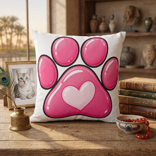 Cute Pink Paw Print Heart Pillow