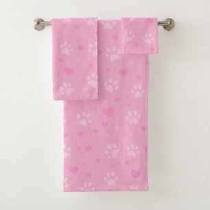Cute Pink Paw Print & Hearts  Bath Towel Set