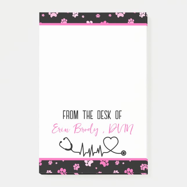 Cute Pink Paw Print Veterinarian Name Post-it Notes (Front)