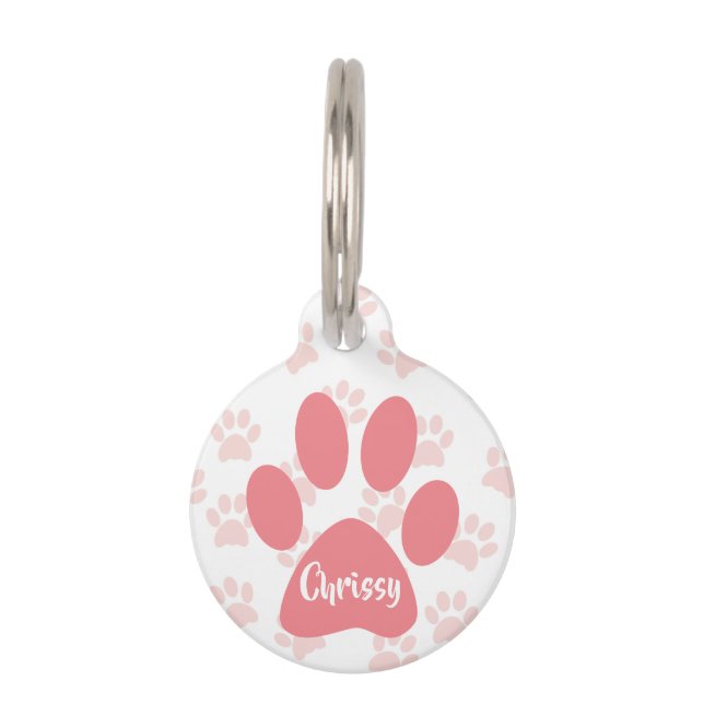 Cute Pink Paw Prints Personalised Pet ID Tag (Front)
