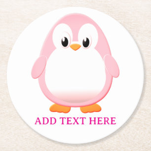 Cute Pink Penguin Cartoon Custom Round Paper Coaster
