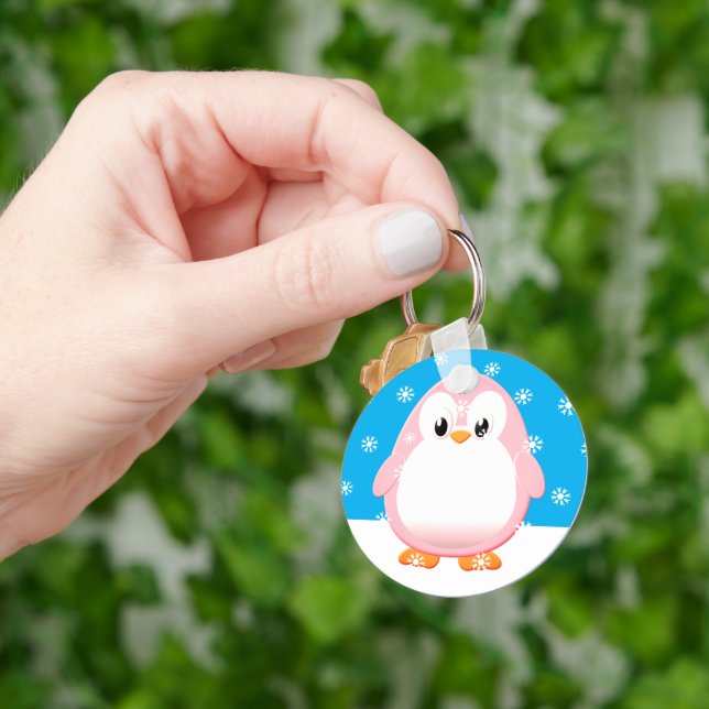 Cute Pink Penguin Cartoon Snow Flakes Custom Key Ring (Hand)