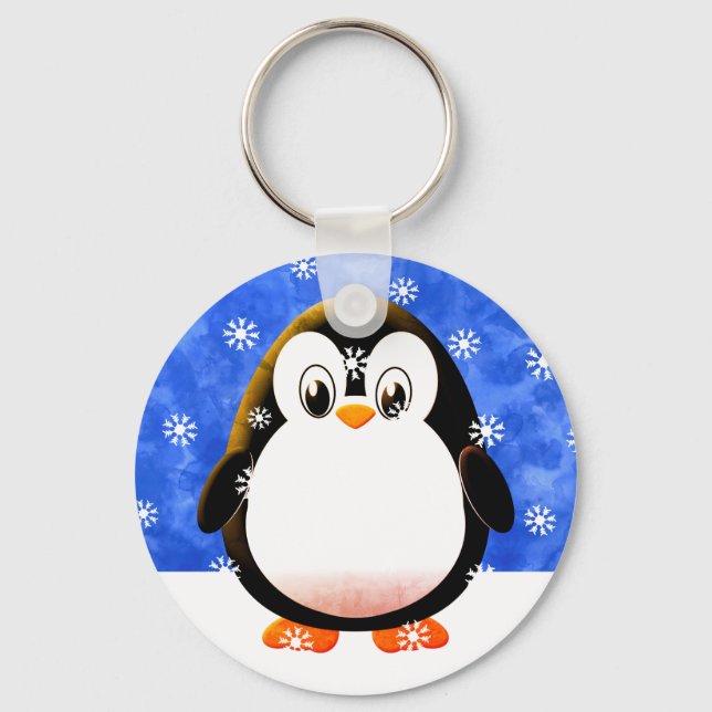 Cute Pink Penguin Cartoon Snow Flakes Custom Key Ring (Front)