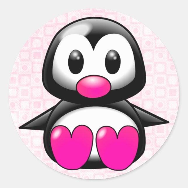 Cute Pink Penguin Classic Round Sticker (Front)