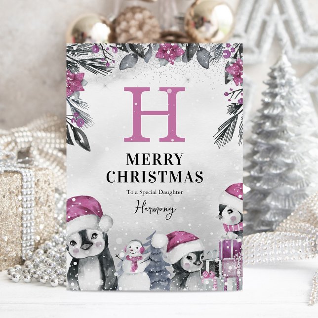 Cute Pink Penguin Daughter Christmas Card (Creator Uploaded)