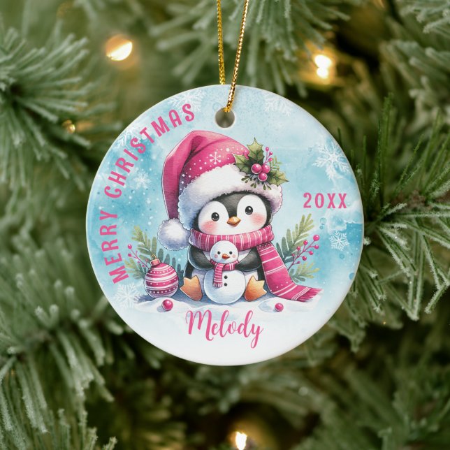 Cute Pink Penguin Girl First Name Merry Christmas  Ceramic Tree Decoration (Tree)