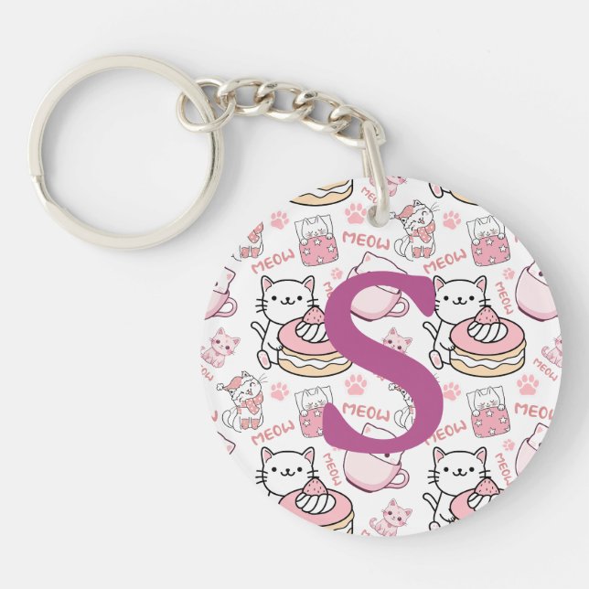 Cute Pink Personalised Cat  Key Ring (Front)