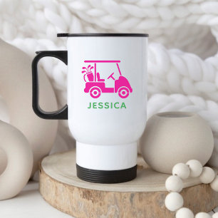 Cute Pink Personalised Golf Cart  Travel Mug