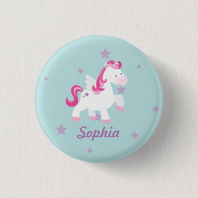 Cute Pink Personalised Magical Unicorn Button/Pin 3 Cm Round Badge (Front)