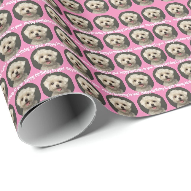Cute Pink Pet Photo Pattern Happy Birthday Wrapping Paper (Roll Corner)