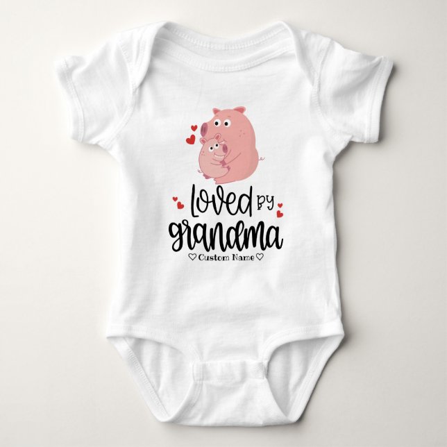 Cute Pink Pig and Piglet - Loved by Grandma Baby Bodysuit (Front)