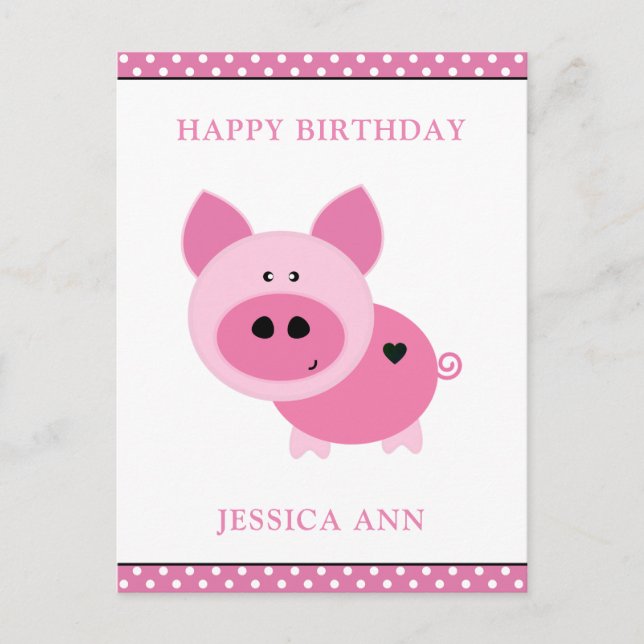 Cute Pink Pig Custom Birthday Card (Front)