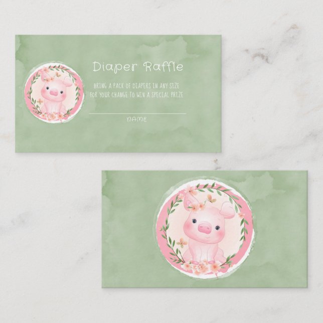 Cute Pink Pig Greenery Wreath Diaper Raffle Business Card (Front/Back)